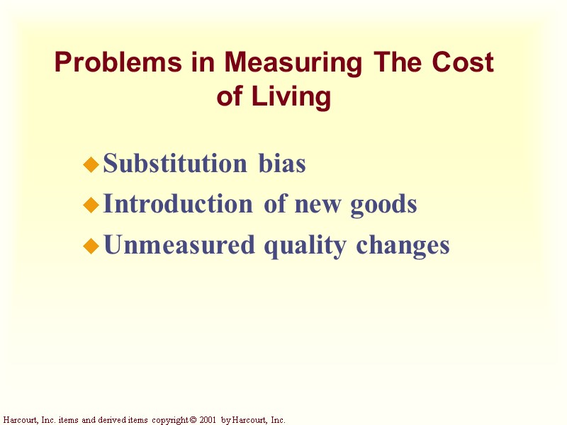Problems in Measuring The Cost of Living Substitution bias Introduction of new goods Unmeasured